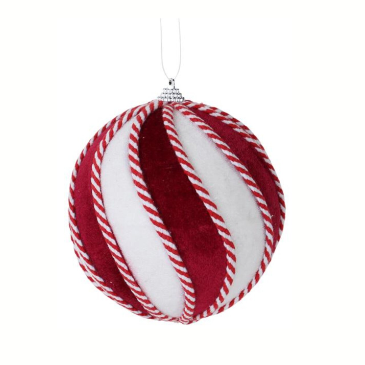4.75" DIA Velvet Swirl Christmas Ornament - White, Burgundy, Red - Elegant Holiday Decor - Peppermint Themed Christmas - XJ4477